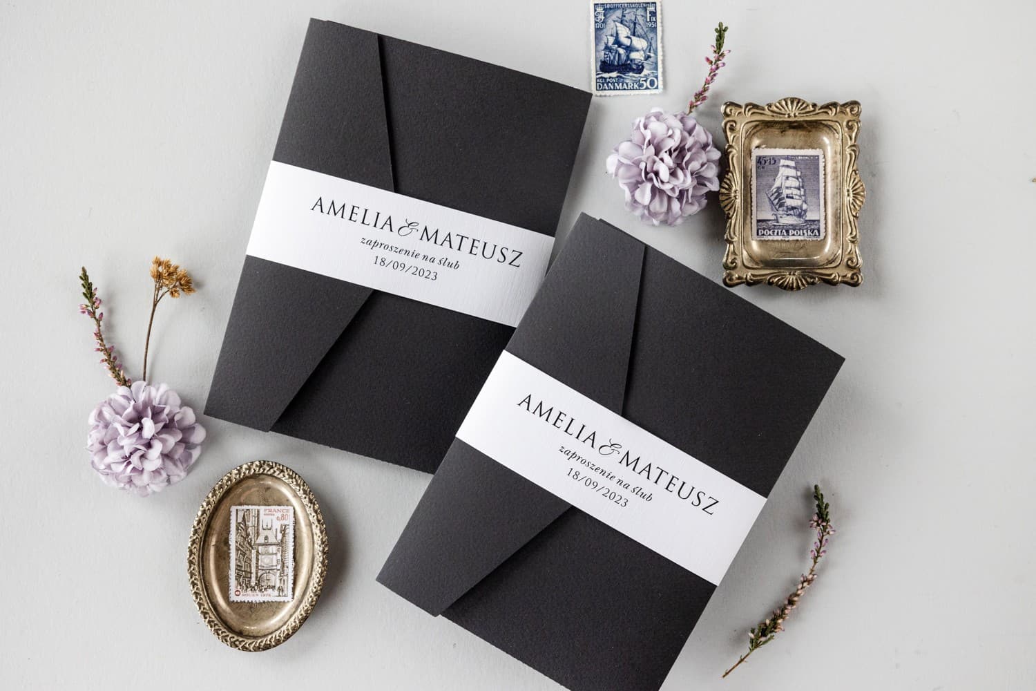 Zaproszenia Ślubne Kraft nr 8 – Czarne z Kieszonką i Owijką - 7