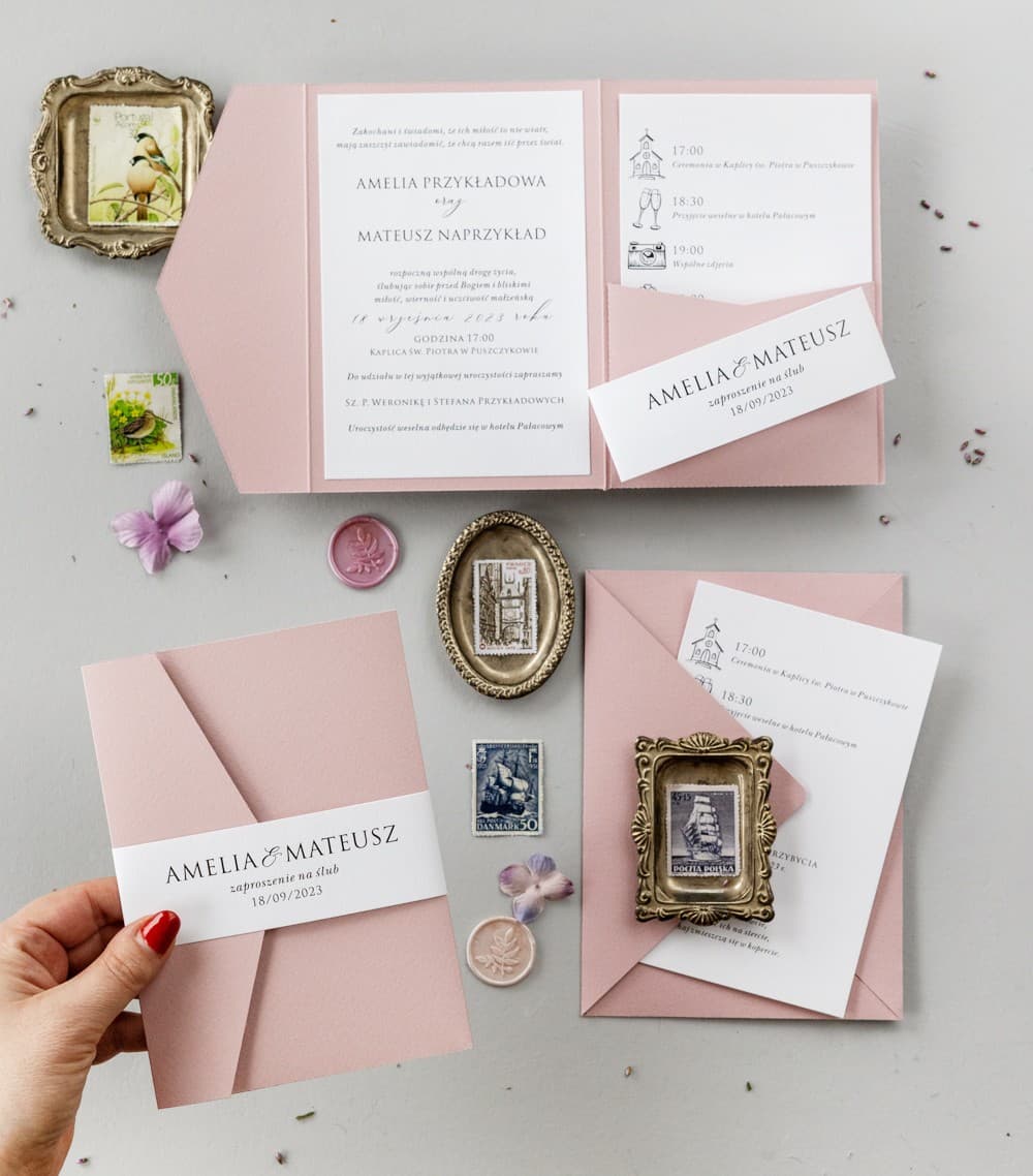 Zaproszenia Ślubne Kraft nr 9 – Różowe z Lnianą Owijką