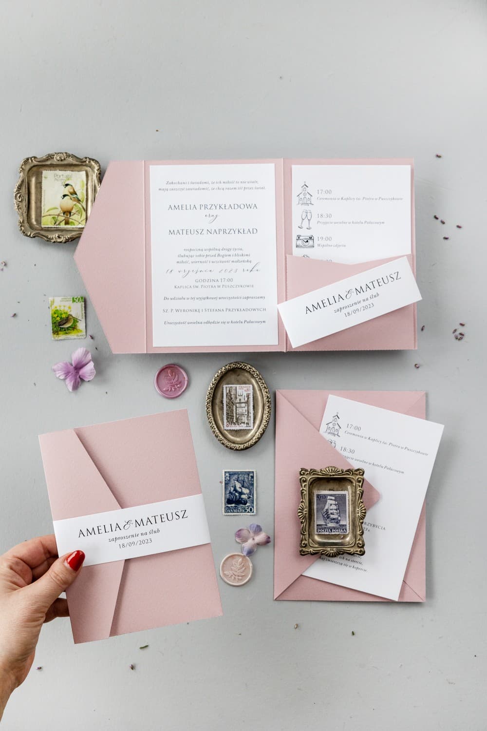 Zaproszenia Ślubne Kraft nr 9 – Różowe z Lnianą Owijką - 3