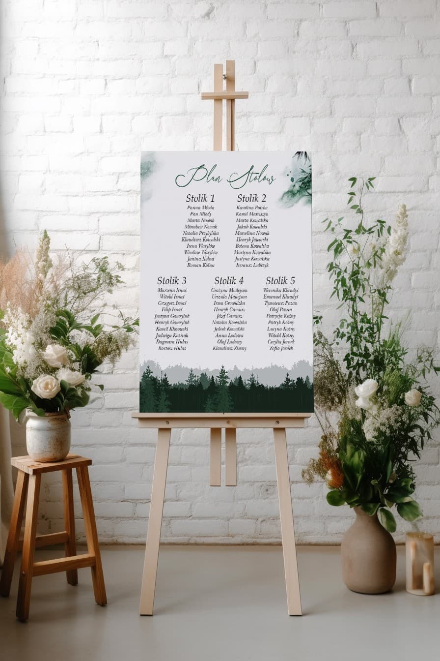 Leśny Plan Stołów Weselnych z Jeleniem Rustykalny Plakat | Rozpiska Gości Weselnych Boho | Delize nr 1