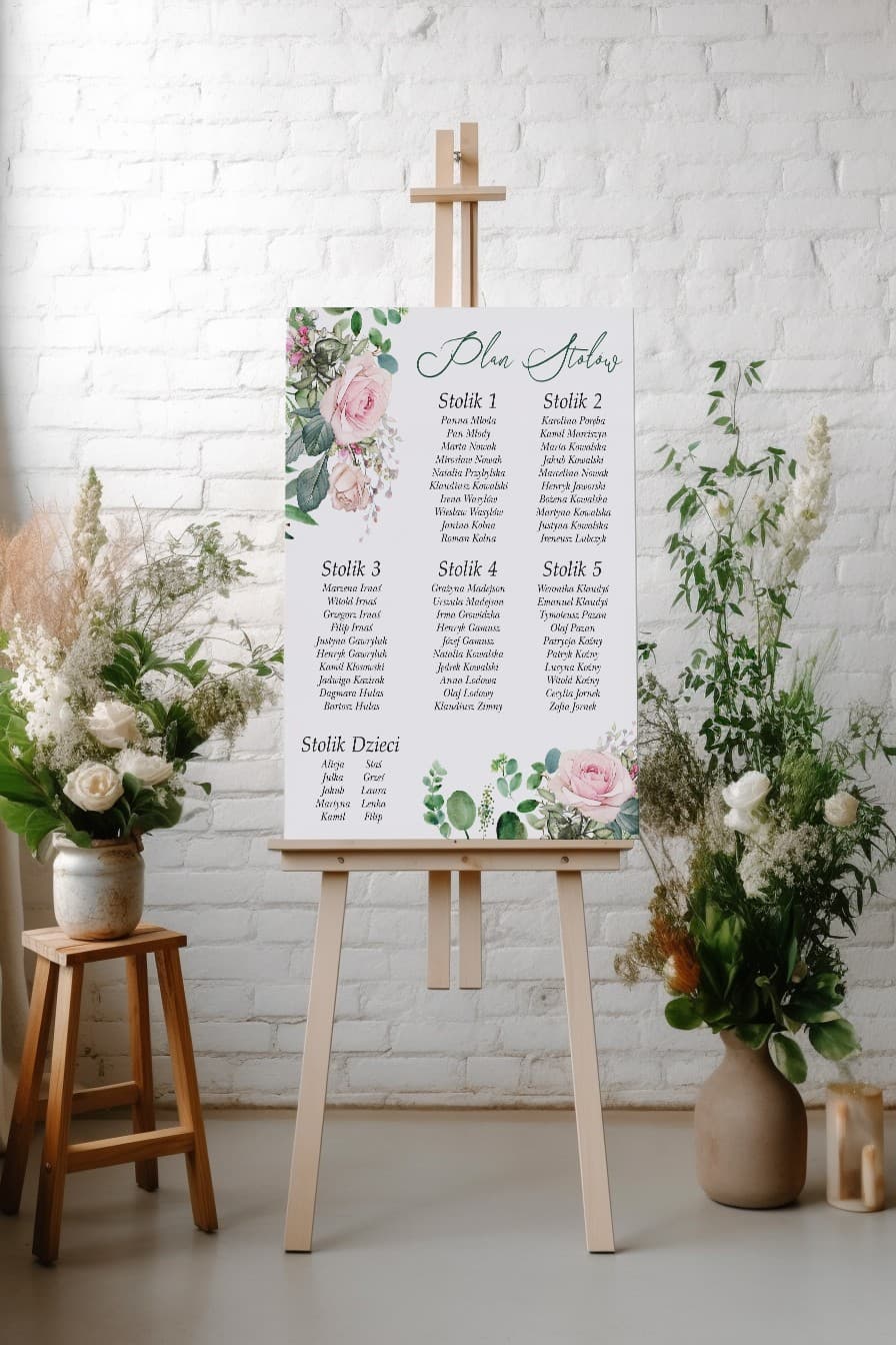 Plan Stołów Weselnych z Różami i Eukaliptusem | Tablica z Rozmieszczeniem Gości | Delize nr 4