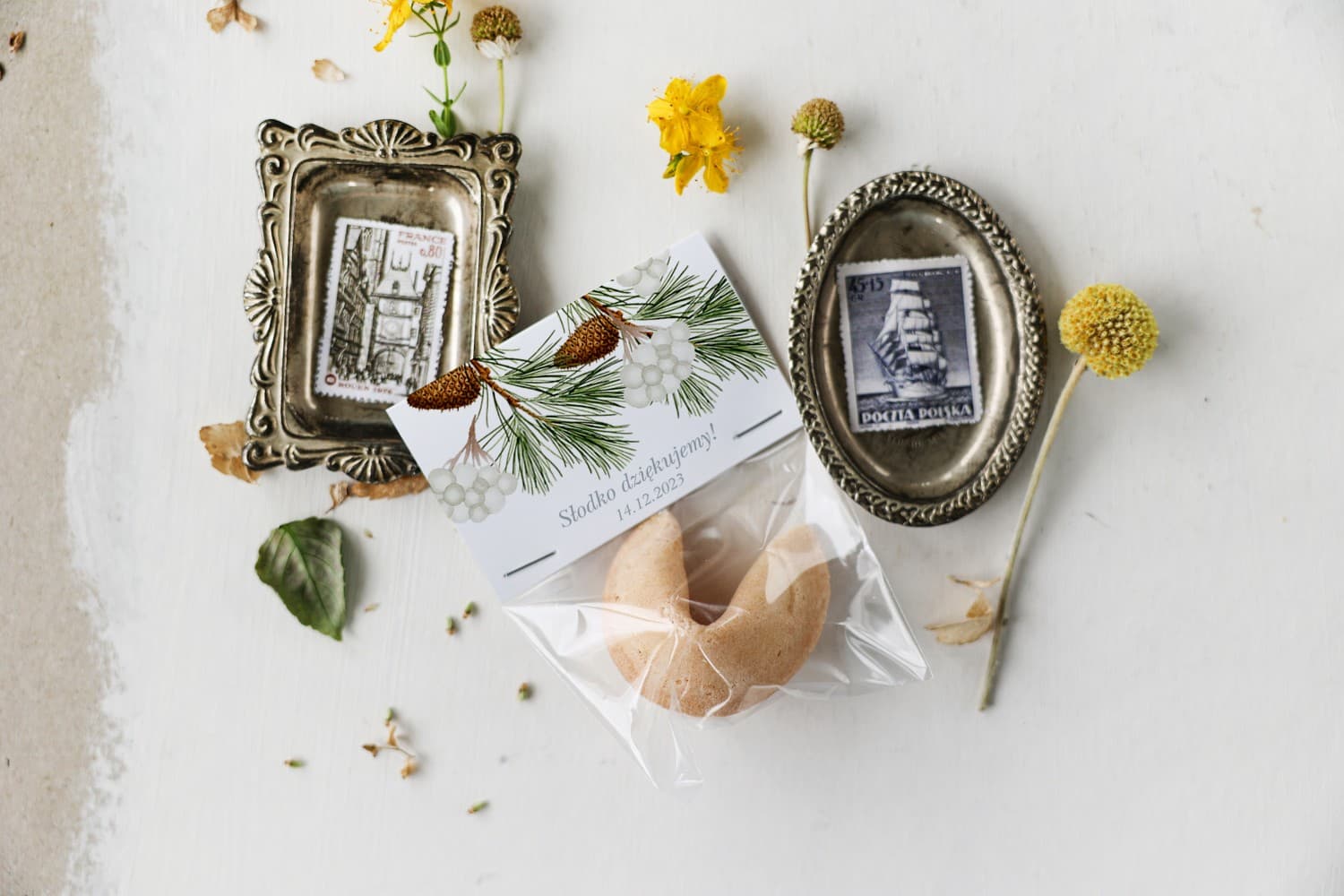 Ciasteczko z wróżbą, motyw sosny i bawełny | Słodkie podziękowania dla gości weselnych | Korani nr 8