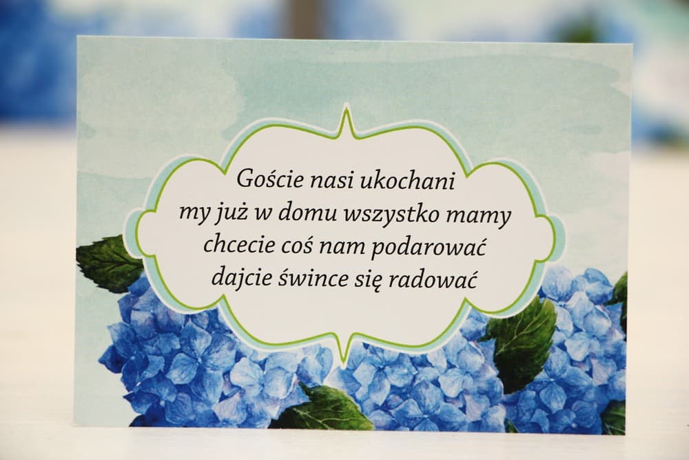 Bilecik z prośbą o pieniądze, RSVP, niebieska hortensja | Wkładki informacyjne do zaproszeń ślubnych | Felicja nr 19