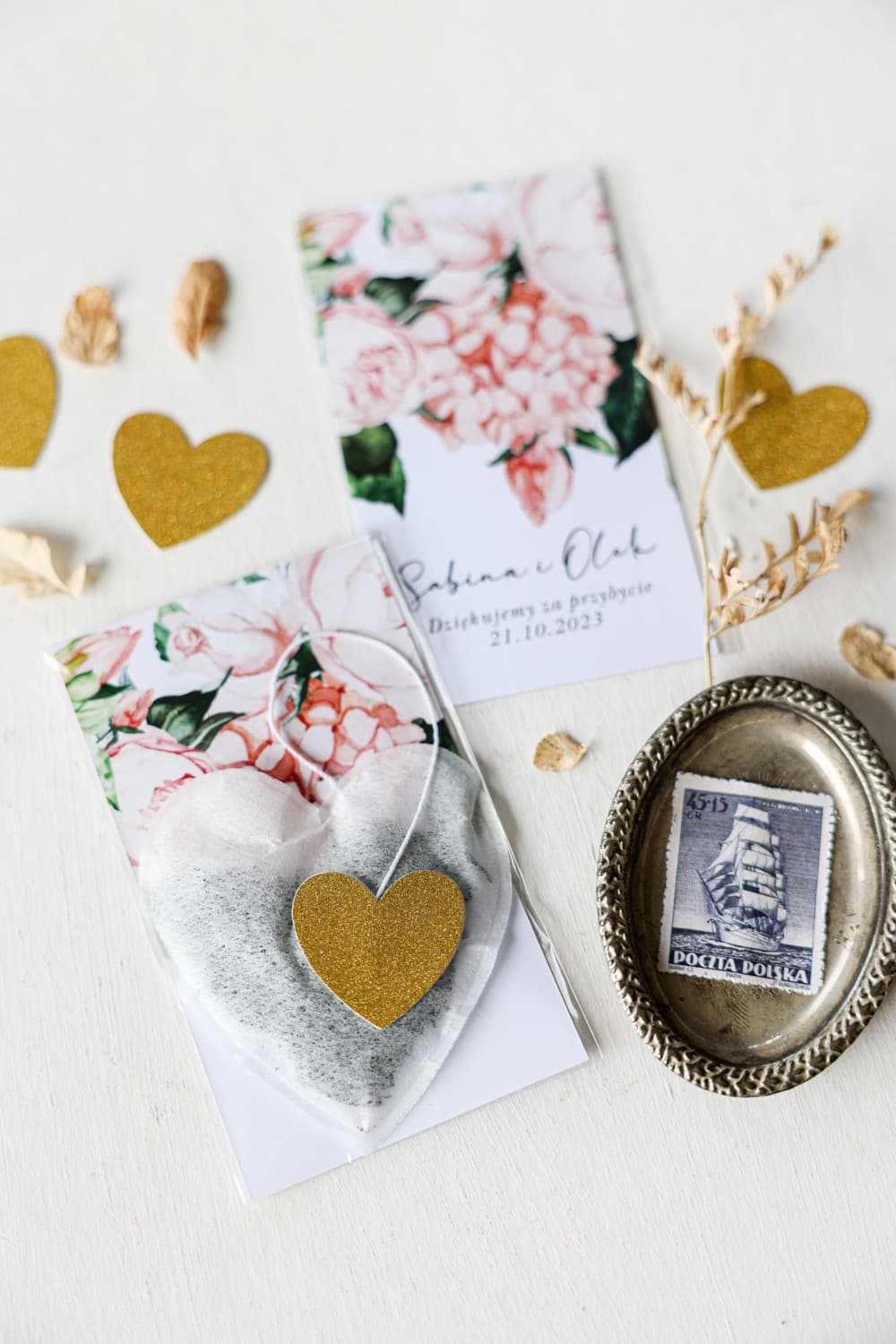 Podziękowania dla gości herbata w kształcie serca z różową piwonią - Rubin nr 10