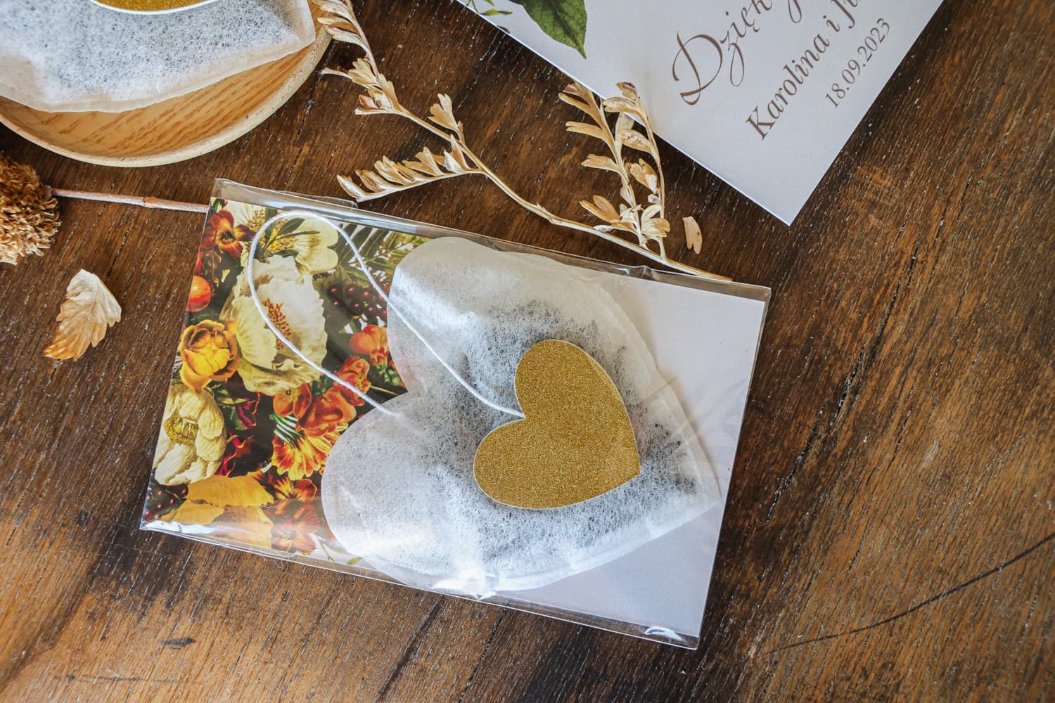 Herbatki Serce z Jesiennym Bukietem | Personalizowane Podziękowania dla Gości Weselnych | Jesienne Eteryczne nr 1 - 3
