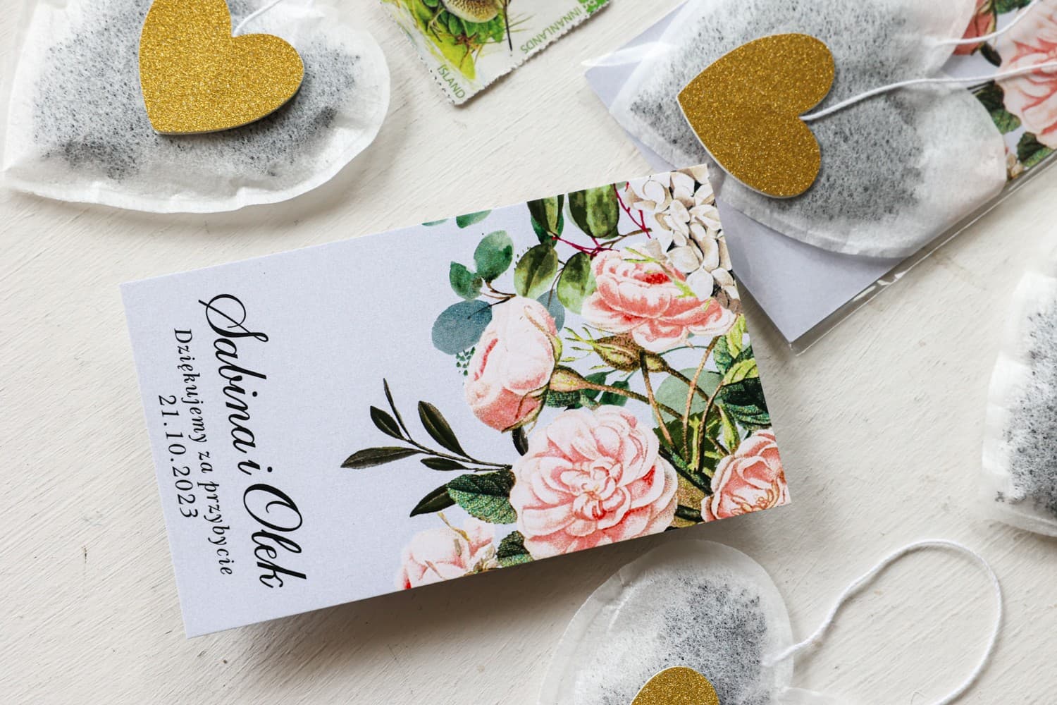 Personalizowana herbata serce, pudrowe róże | Podziękowania dla gości weselnych, upominki | Szafirowe nr 2 - 3