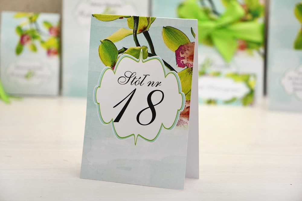 Numery na Stół Weselny Stojące Storczyki Akwarela, Intensywna Zieleń i Czerwień | Elegancka Numeracja Stołów | Felicja nr 20