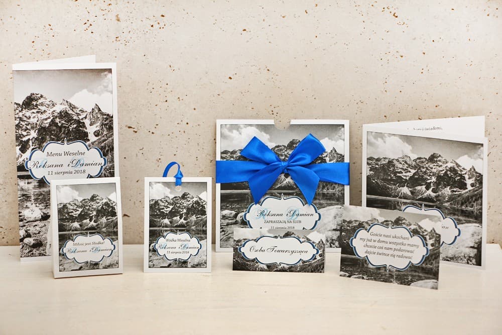 Zaproszenia ślubne górskie z Tatrami w etui, czarno-białe glamour – Felicja 21
