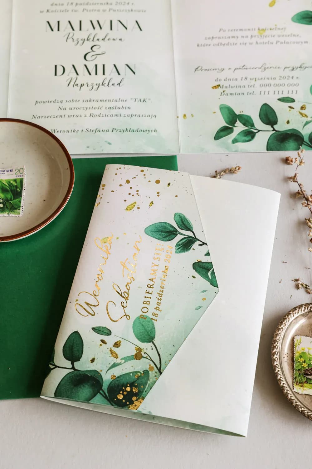 Zaproszenia ślubne w stylu greenery z eukaliptusem i złoceniem – Jadeit nr 1 - 2