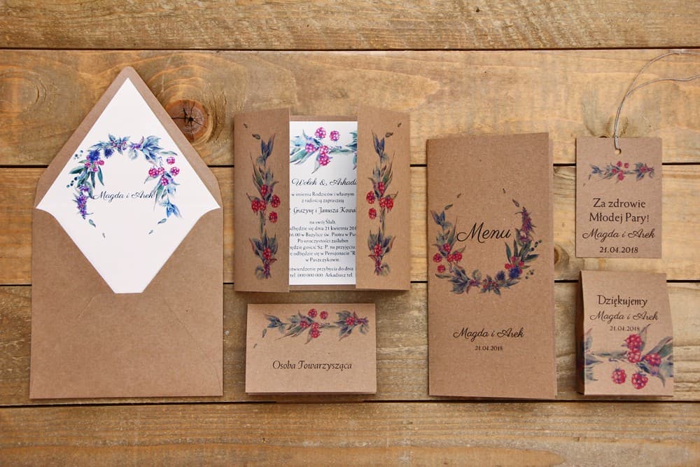 Zestaw Próbek Papeterii Ślubnej z Bonem 10 zł, Rustykalne, Leśne Motywy | Próbki Zaproszeń Ślubnych | Owoce Leśne nr 1