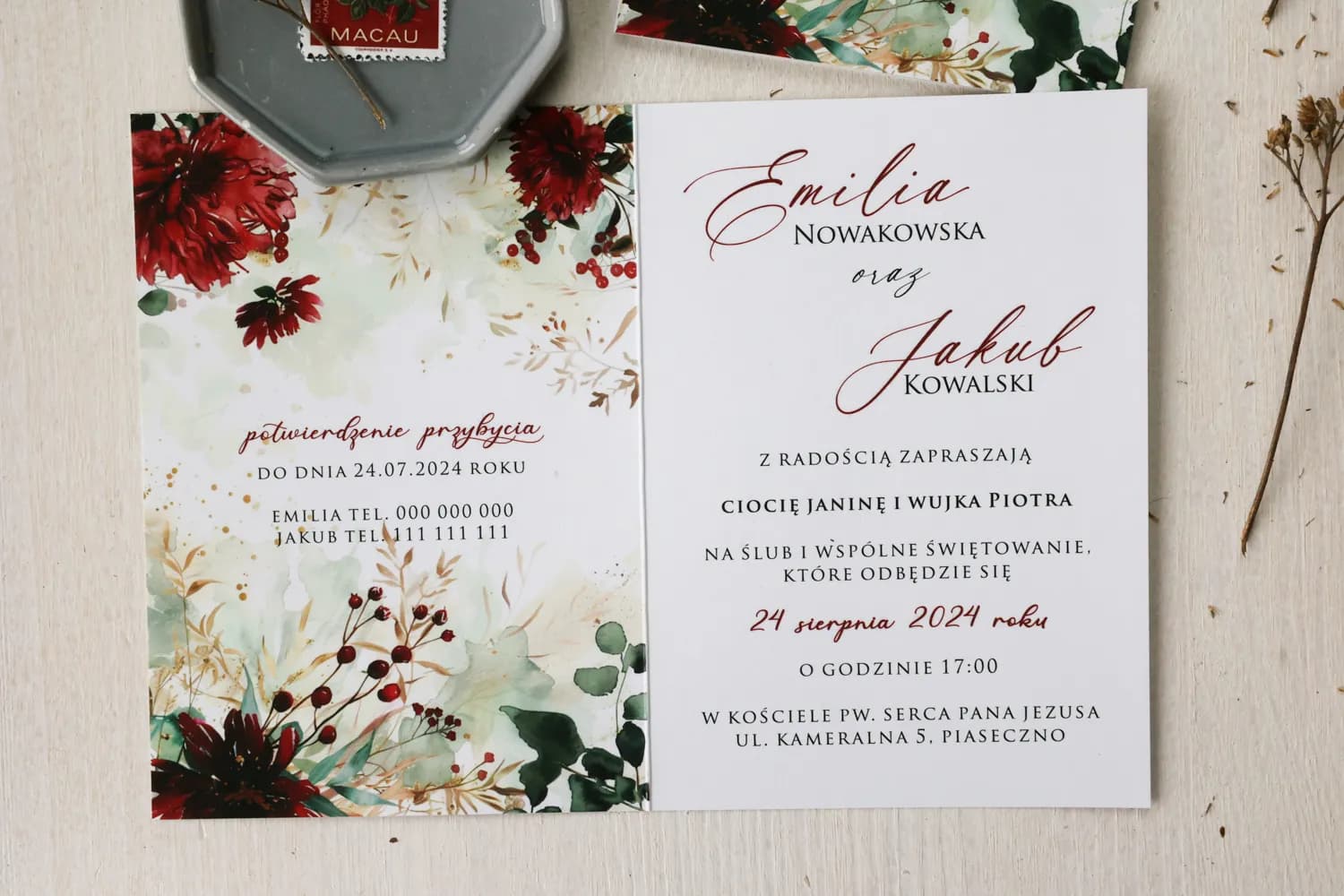 Zaproszenia ślubne złocone z czerwonymi kwiatami i akwarelowymi liśćmi Ruskus nr 1 - 3