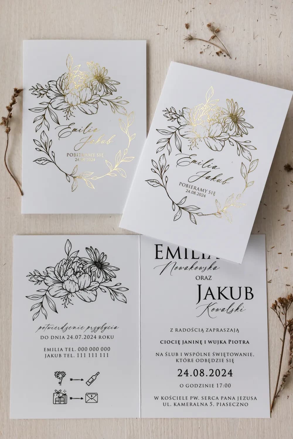 Zaproszenia ślubne minimalistyczne z artystycznym złoceniem liści Ruskus nr 2