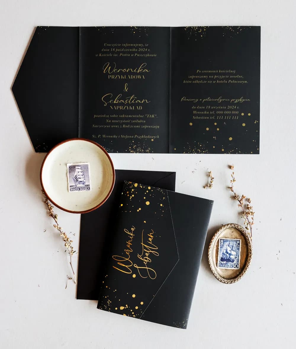 Próbka zaproszenia ślubnego czarne ze złotem – Jadeit nr 4