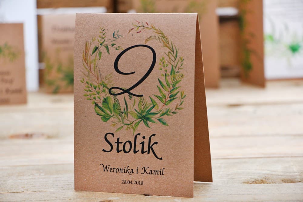Botaniczne Numery na Stół z Zielonymi Liśćmi EKO | Numerki Weselne Stojące | Owoce Leśne nr 2