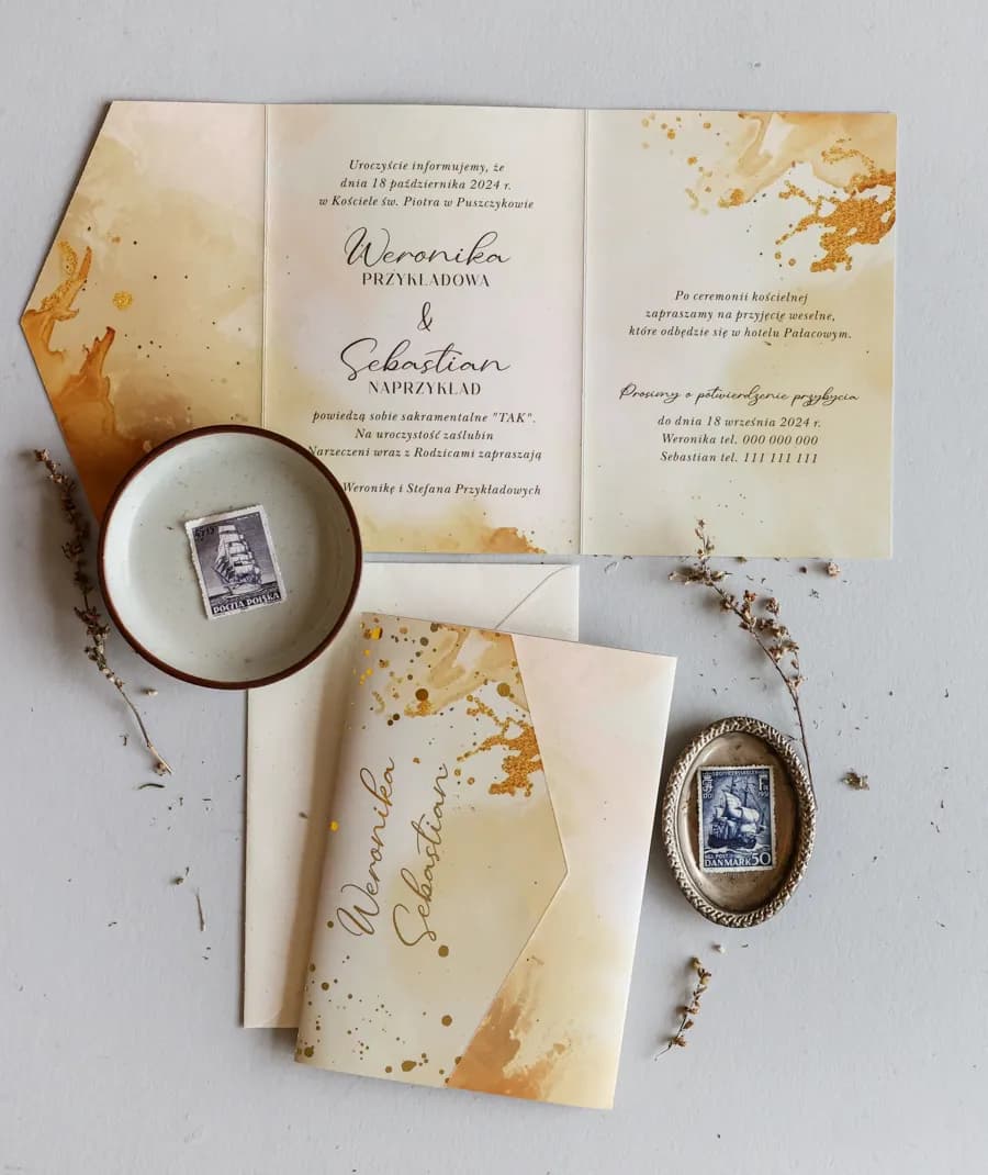 Zaproszenia ślubne złocone na kremowym papierze w stylu glamour - Jadeit nr 8