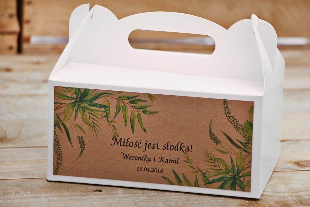 Eko Pudełko na Ciasto Weselne z Rączką Kraft i Motywem Roślinnym, Personalizowane | Pudełka na Ciasto dla Gości | Owoce Leśne