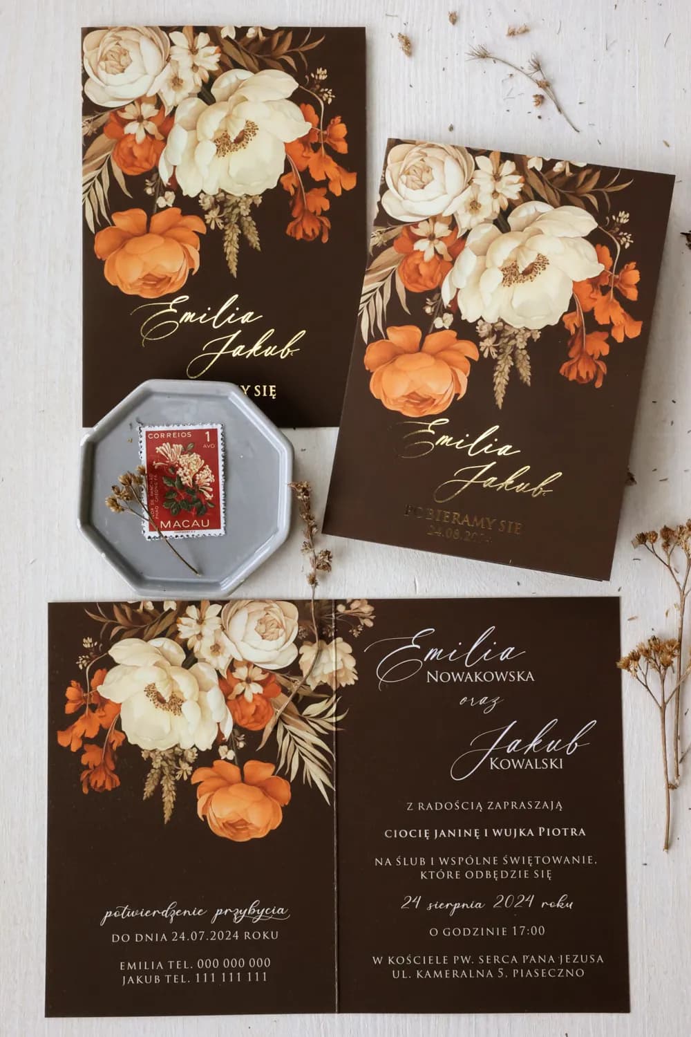 Próbka zaproszenia ślubnego botanicznego z gałązką i złoceniem Ruskus nr 4