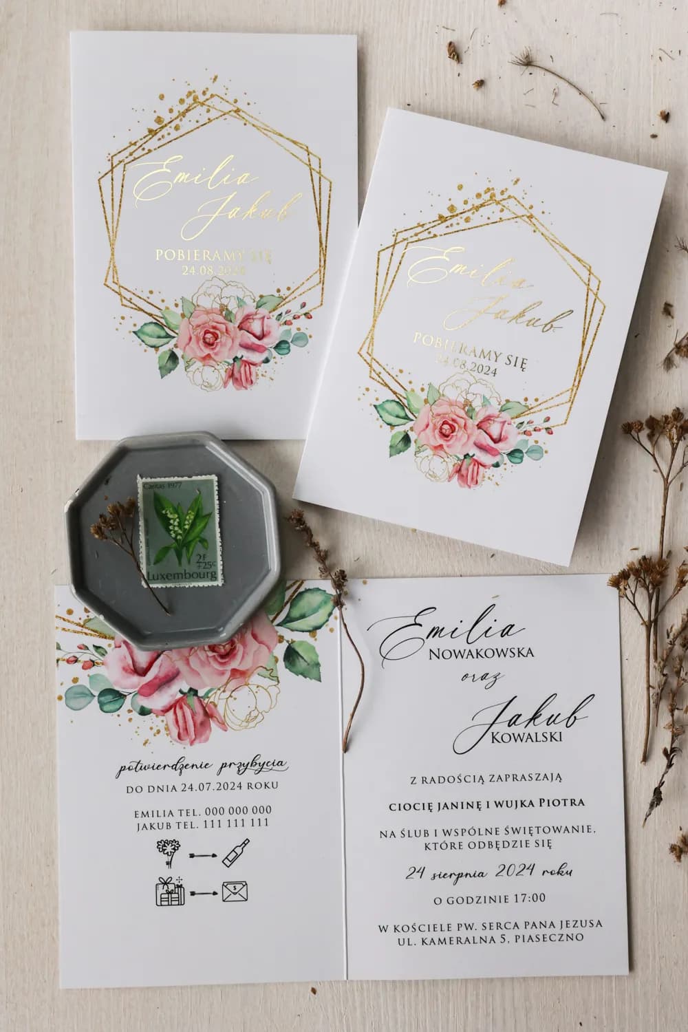 Próbka zaproszenia ślubnego z motywem botanicznym i zieloną gałązką Ruskus nr 7