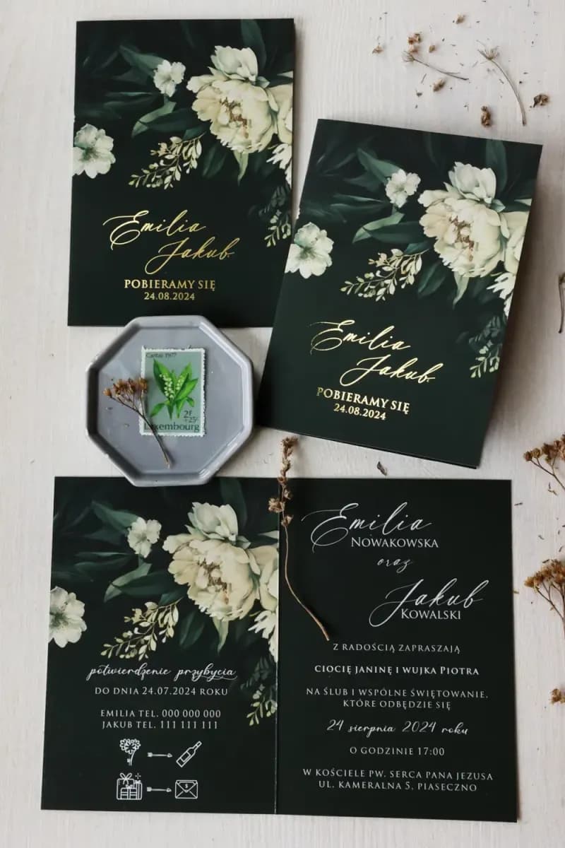 Próbka zaproszenia ślubnego z motywem zielonej gałązki - Ruskus nr 9
