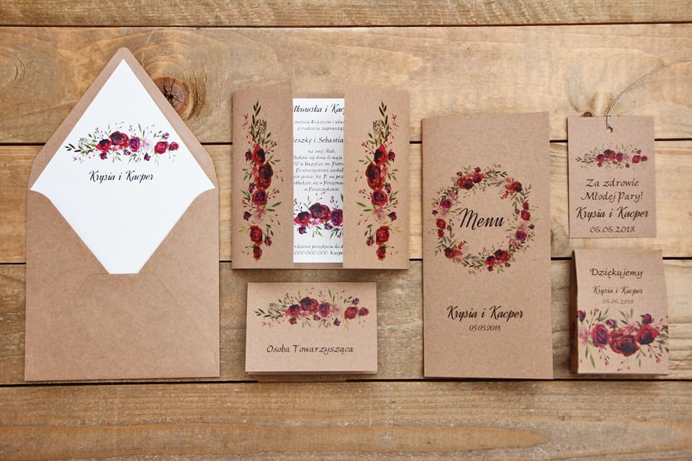 Zaproszenia ślubne eko z bordową różą – Owoce Leśne nr 3 - 2