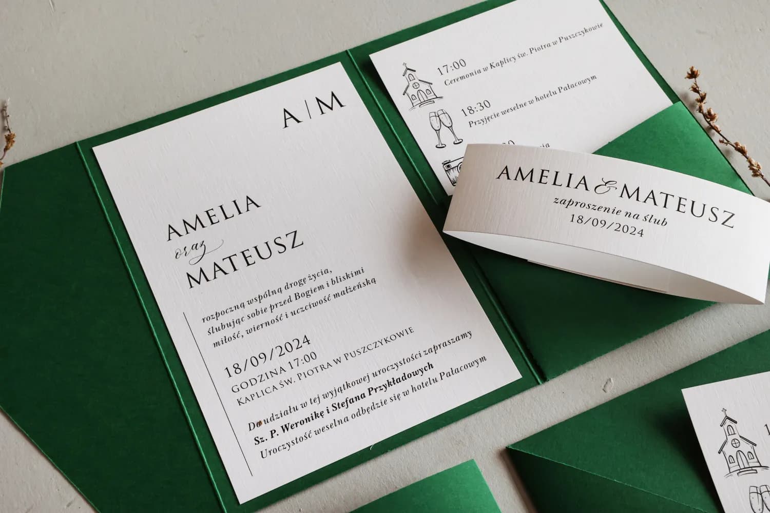 Zaproszenia Ślubne Kraft nr 10 – Butelkowa Zieleń z Kieszonką - 6