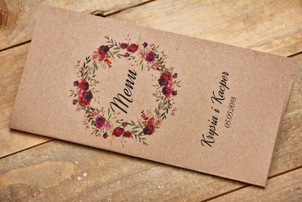 Eleganckie Menu Weselne Składane z Bordowymi Różami, Karta Dań | Menu na Wesele, Papeteria Ślubna | Owoce Leśne nr 3