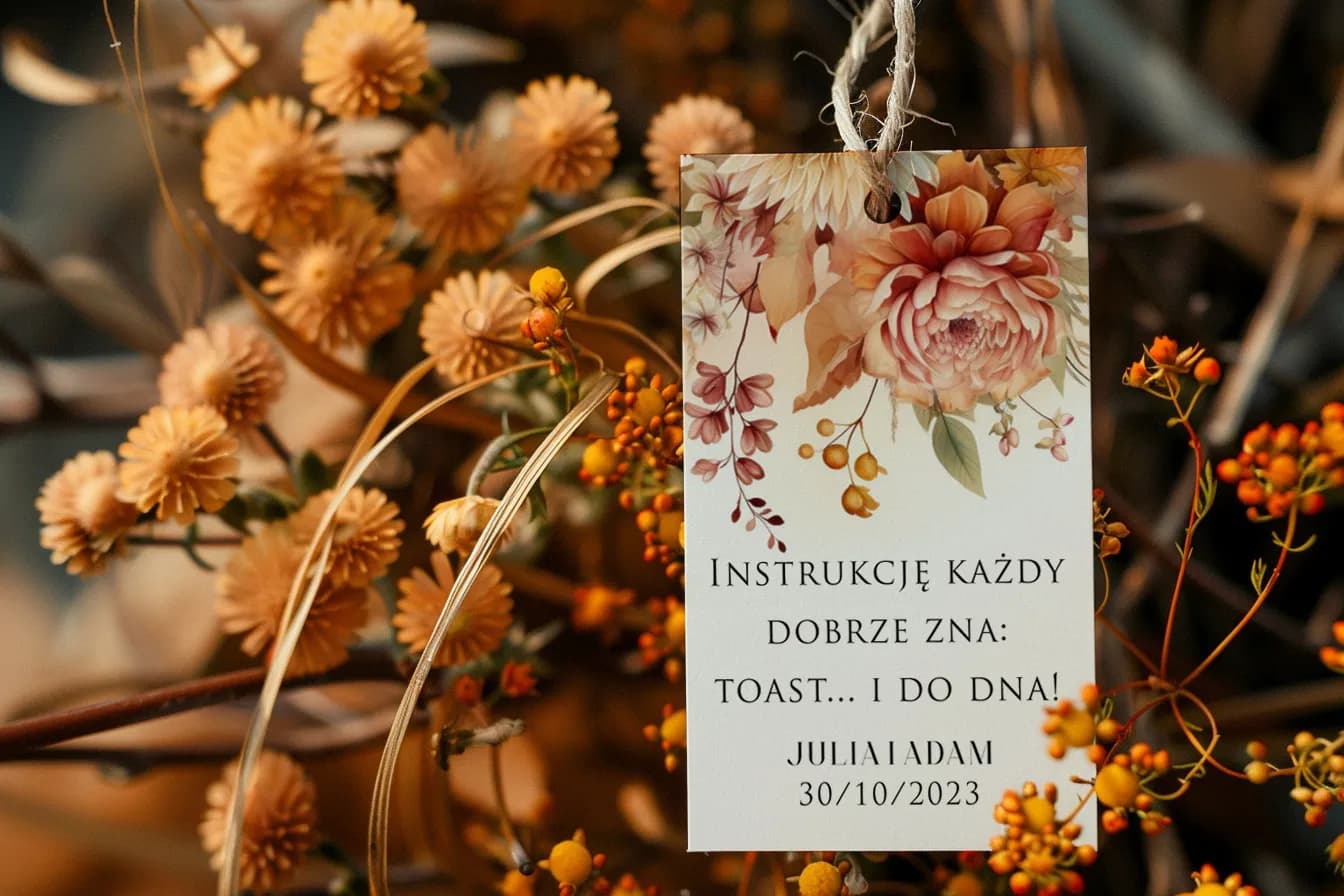 Jesienne zawieszki na wódkę weselną z kwiatami chryzantem | Eleganckie przywieszki na alkohol | Impresja nr 2