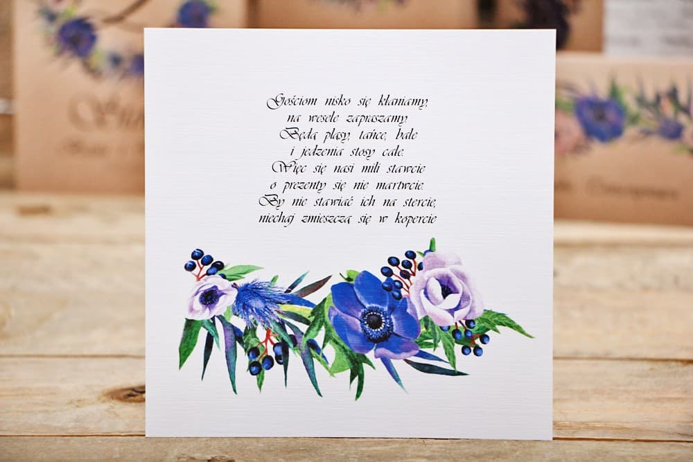 Wkładka do Zaproszeń Chabrowe Anemony i Owoce Leśne na Pap. Lniany | Bilecik Info do Zaproszeń Ślubnych | Owoce Leśne nr 4