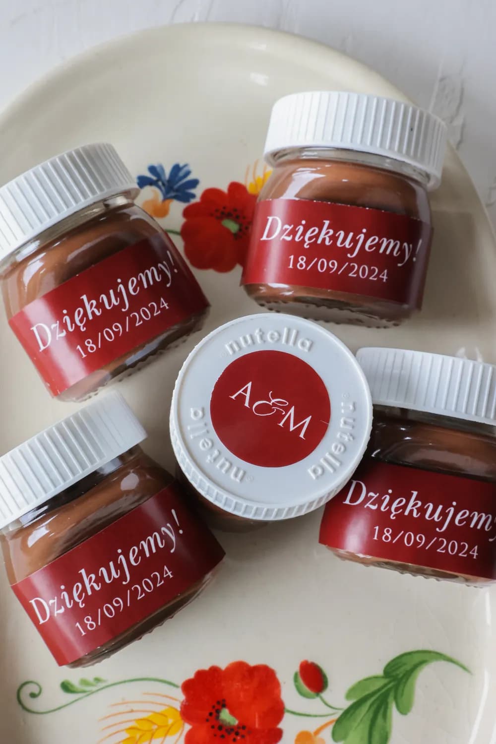 Słodkie Podziękowania dla Gości Mini Nutella Burgundowe Kwiaty | Upominki Weselne Personalizowane | Kraft nr 6