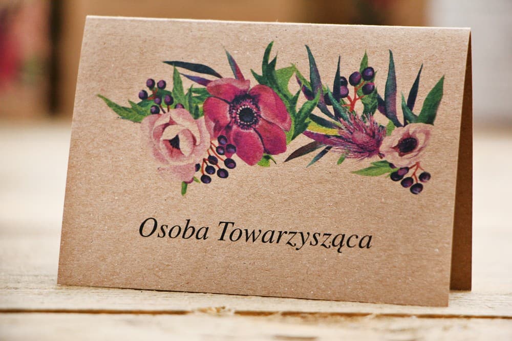 Winietki Ślubne Owoce Leśne nr 5 – Wizytówki Eko z Motywem Fioletowych Anemonów