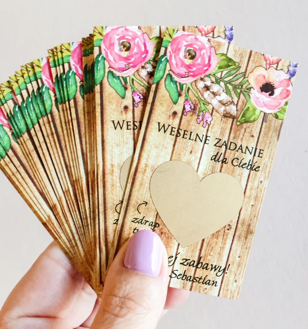 Zdrapki Ślubne Rustykalne nr 1 – Różowe Kwiaty i Podziękowania z Zadaniami