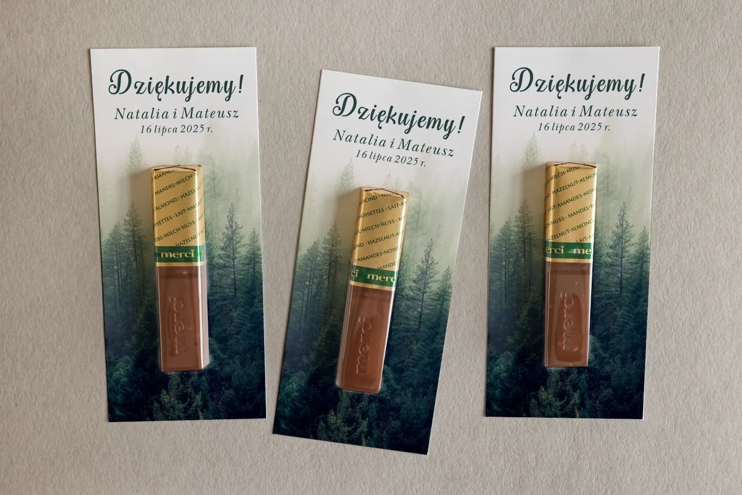 Podziękowania Merci z Leśnym Motywem Mgły | Eleganckie Podziękowania dla Gości Weselnych | Eteryczne nr 6