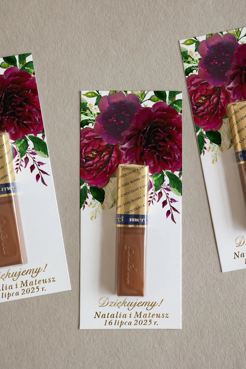 Podziękowania dla gości Merci bordowe róże i złocenie - Rubin nr 3