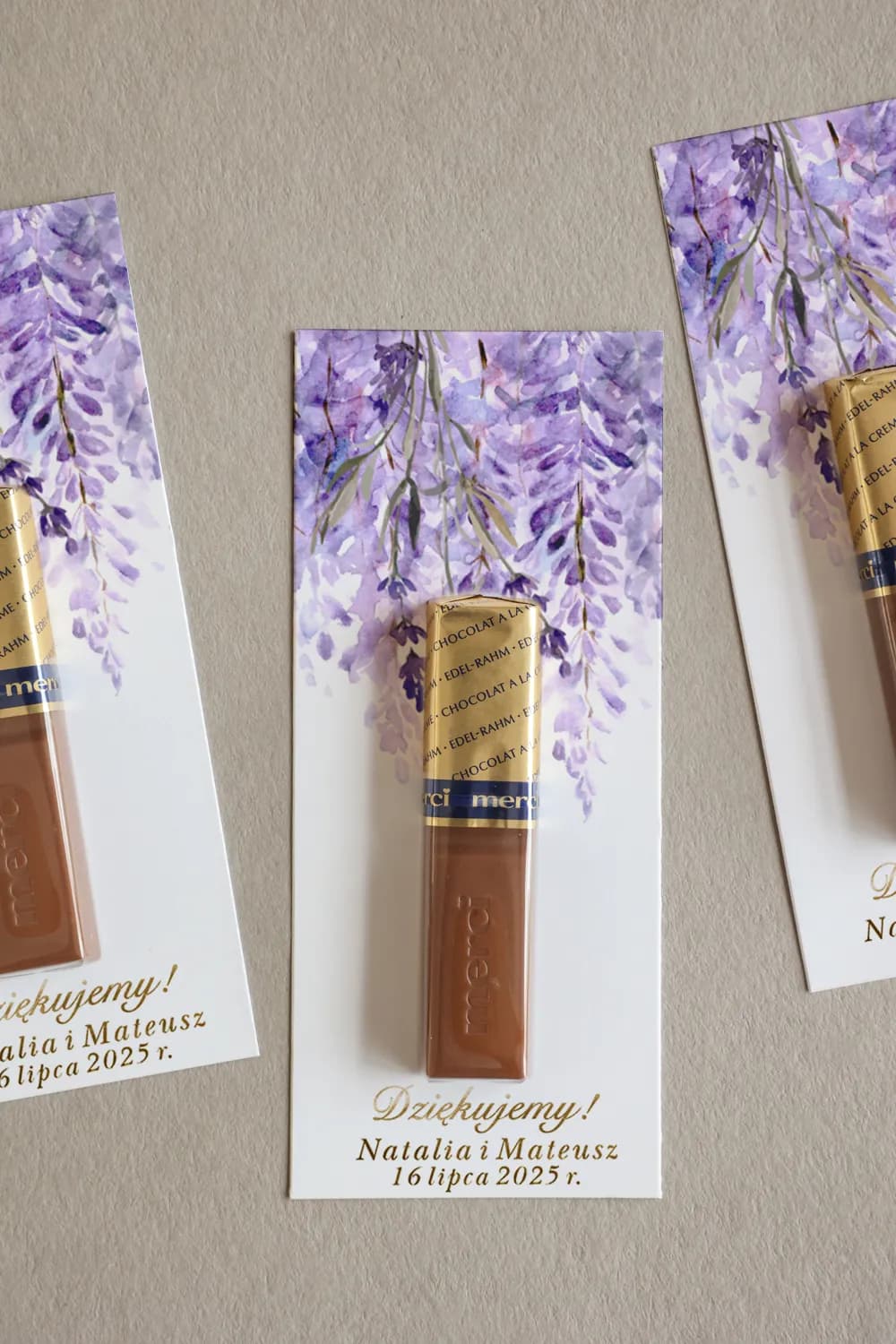 Podziękowania dla gości Merci złocone z fioletową wisterią - Rubin nr 5