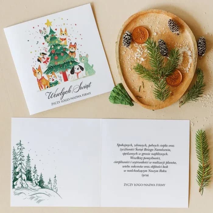 Firmowe Kartki Świąteczne z Psami i Logo | Śmieszne Biznesowe Kartki Bożonarodzeniowe dla Firm | KZ1