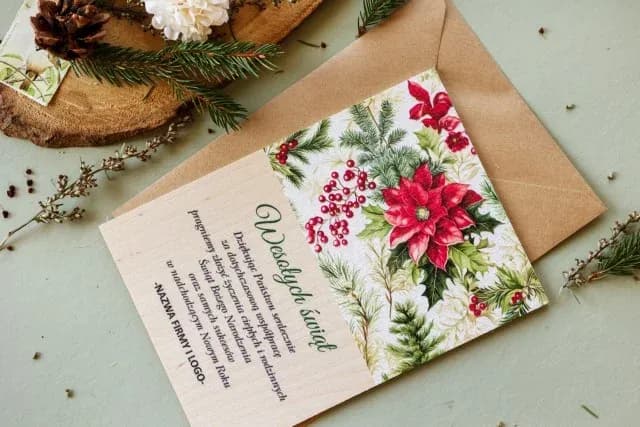 Eleganckie Drewniane Kartki Świąteczne z Kwiatami | Biznesowe Kartki z Logo Firmy, Personalizowane | DR34 - 3