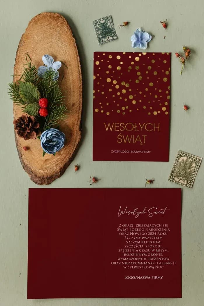 Eleganckie Kartki Świąteczne dla Firm Czerwone Złocone z Logo | Biznesowe Kartki Bożonarodzeniowe | MZ1