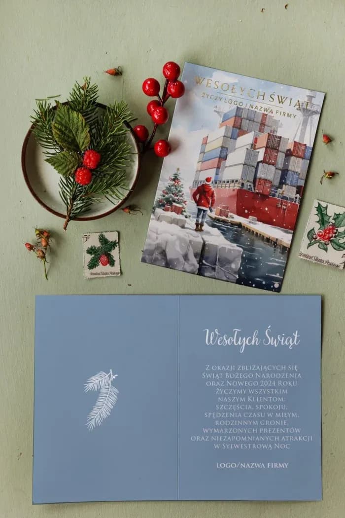Biznesowe Kartki Świąteczne dla Logistyki, Transportu, Spedycji | Firmowe z Logo, Złocone | Kontenerowiec MZ13