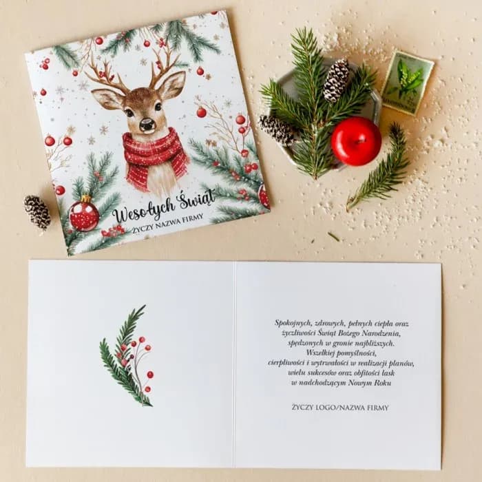 Firmowe kartki świąteczne z jeleniem i logo | Eleganckie biznesowe kartki bożonarodzeniowe | KZ17