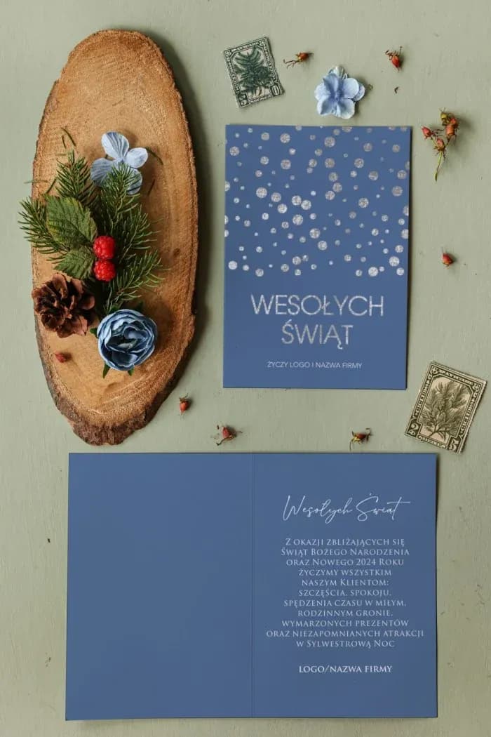 Eleganckie srebrzone kartki na niebieskim tle z logo | Firmowe kartki świąteczne dla firm | MZ2