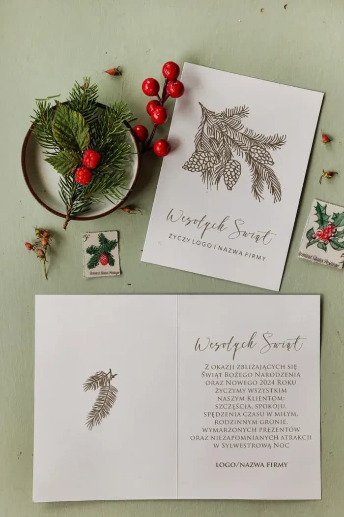 Biznesowe kartki świąteczne z logo, brązowa gałązka | Eleganckie kartki dla firm | MB13