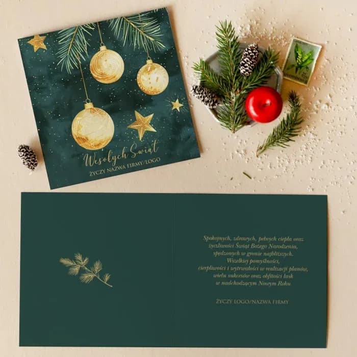 Eleganckie kartki świąteczne dla firm, zielone ze złotymi bombkami | Biznesowe kartki z logo | Złote Bombki KZ28