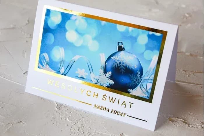Eleganckie kartki świąteczne dla firm z logo, złocona niebieska bombka | Biznesowe kartki bożonarodzeniowe | SZ7