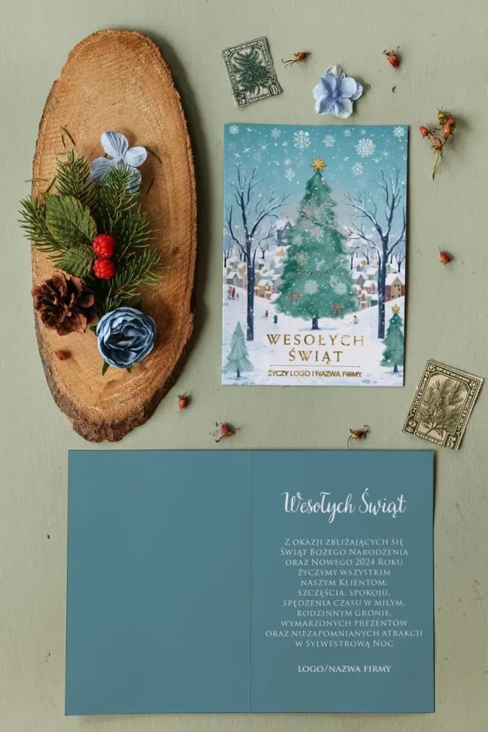Eleganckie Kartki Świąteczne dla Firm ze Złoconą Choinką | Biznesowe Kartki z Logo Firmy | Zimowa Sceneria MZ5
