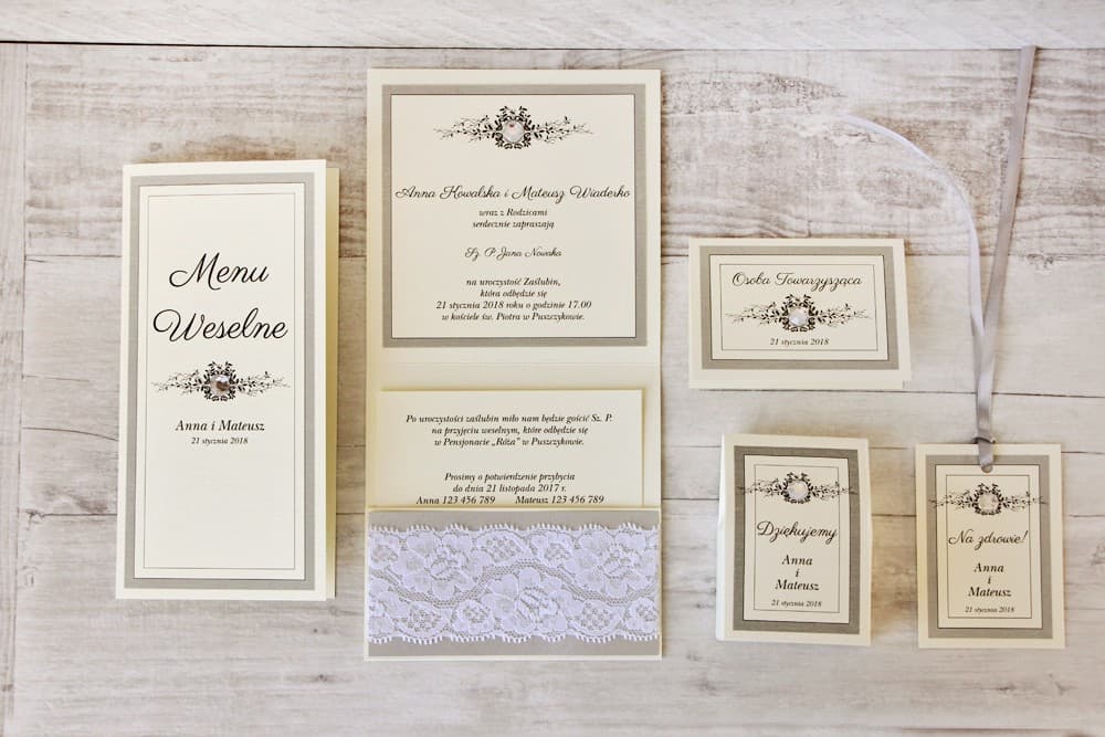 Zestaw próbek: Zaproszenia z koronką, winietki, menu | Próbki Zaproszeń Ślubnych Eleganckie | Z Koronką nr 7