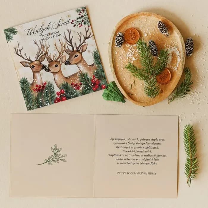 Eleganckie firmowe kartki świąteczne z jeleniem, personalizowane z logo firmy | Kartki bożonarodzeniowe | KZ5