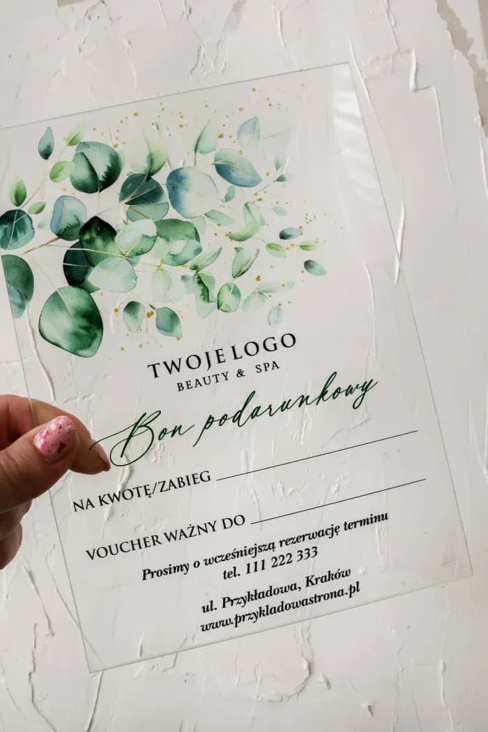 Szklany Voucher z Eukaliptusem dla Spa, Beauty | Personalizowane Bony Podarunkowe na Szkle | Eukaliptus VS5