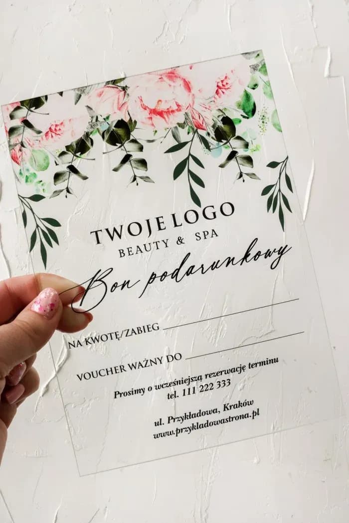 Elegancki Voucher na Szkle z Różowymi Kwiatami | Szklany Bon Podarunkowy dla Firm Beauty i Spa | VS9