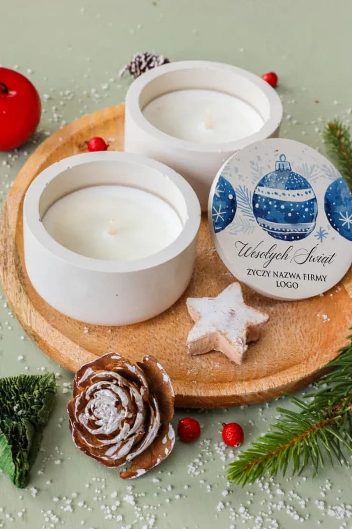 Świeca Sojowa z Logo Firmy, Niebieskie Bombki | Upominek Biznesowy, Prezent Świąteczny | Personalizacja SPL1