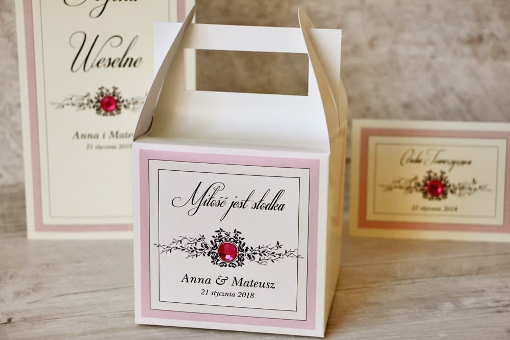 Pudełko na ciasto z rączką, koronkowy wzór z różą | Personalizowane opakowania na ciasto weselne dla gości | Z Koronką nr 1